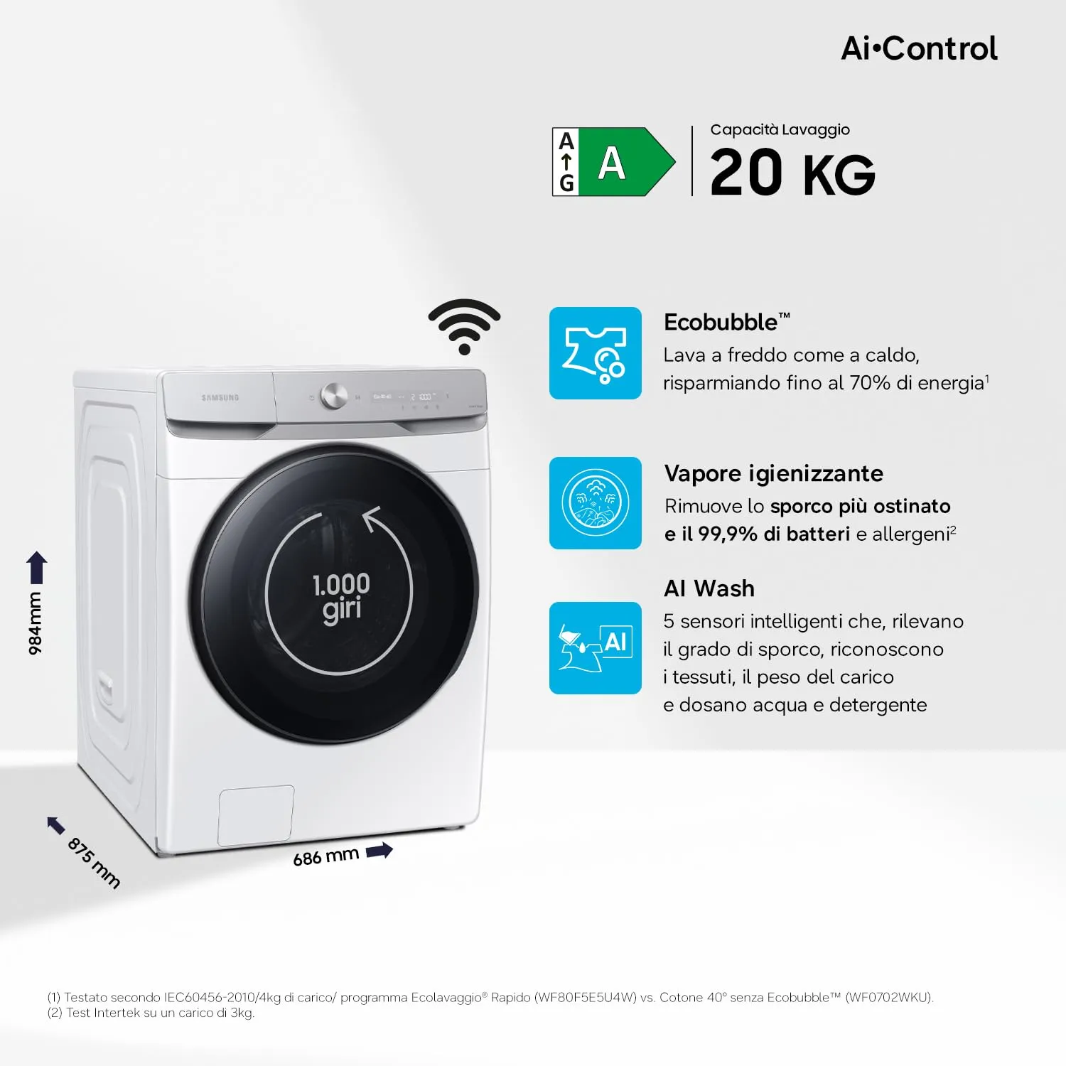 Samsung Lavatrice AI Control WF20DG8650BW/U3 Libera installazione, 20 Kg, Wifi, Ecobubble, AI Wash, Vapore Igienizzante, Carica Frontale, Corpo: Bianco, Oblò: Nero, 68,6l x 98,4h x 87,5p cm - immagine 2