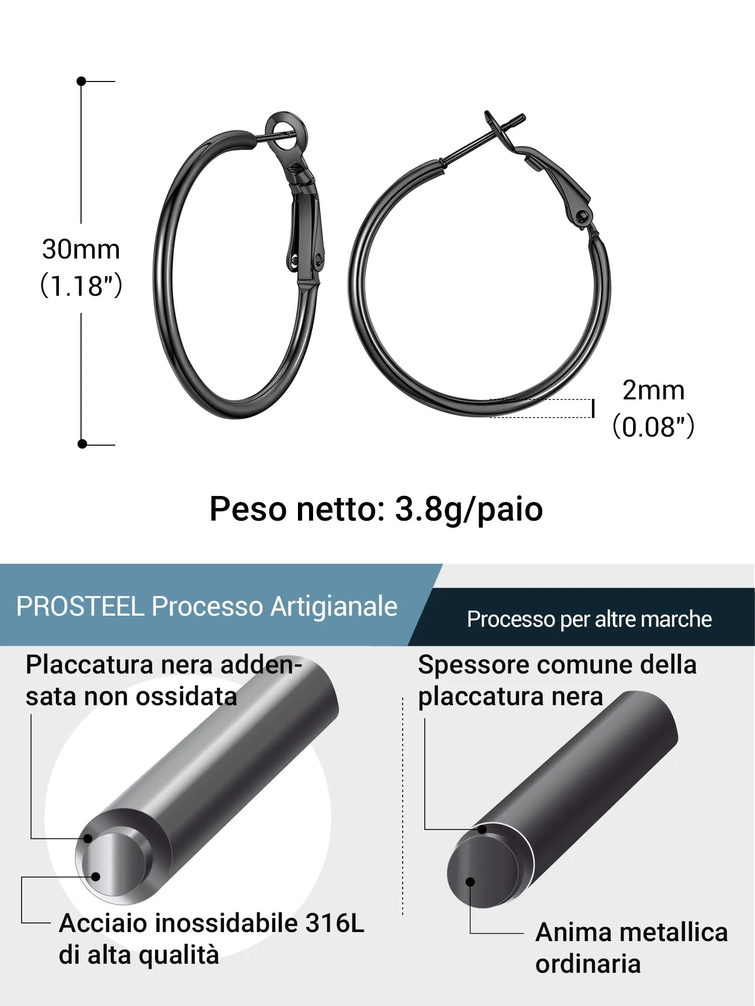 PROSTEEL Orecchini Cerchio Donna Grandi Sottili Semplici, Acciaio Inossidabile, Diametro 30 mm, Nero 1 Paio(Confezione Regalo) - immagine 3