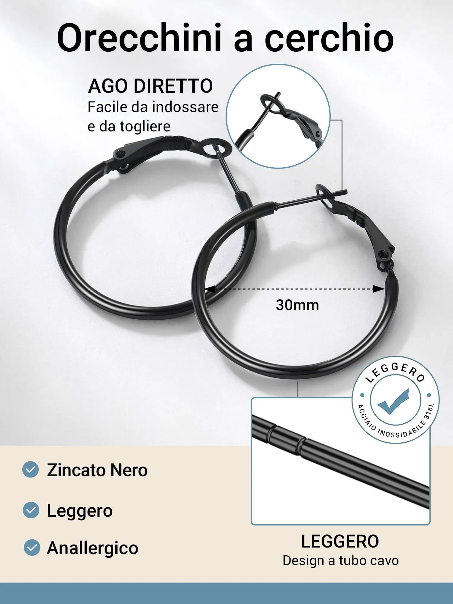 PROSTEEL Orecchini Cerchio Donna Grandi Sottili Semplici, Acciaio Inossidabile, Diametro 30 mm, Nero 1 Paio(Confezione Regalo) - immagine 7