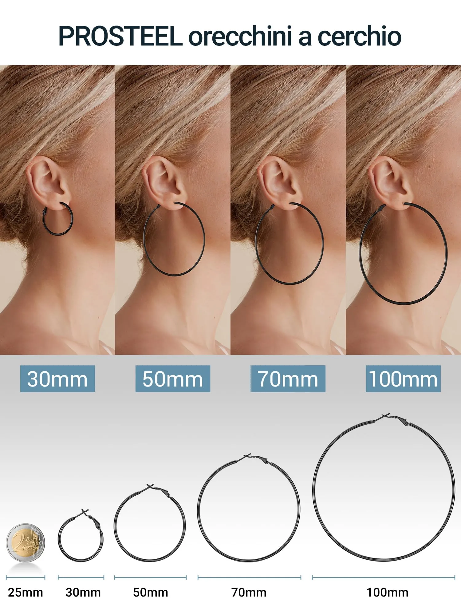 PROSTEEL Orecchini Cerchio Donna Grandi Sottili Semplici, Acciaio Inossidabile, Diametro 30 mm, Nero 1 Paio(Confezione Regalo) - immagine 8