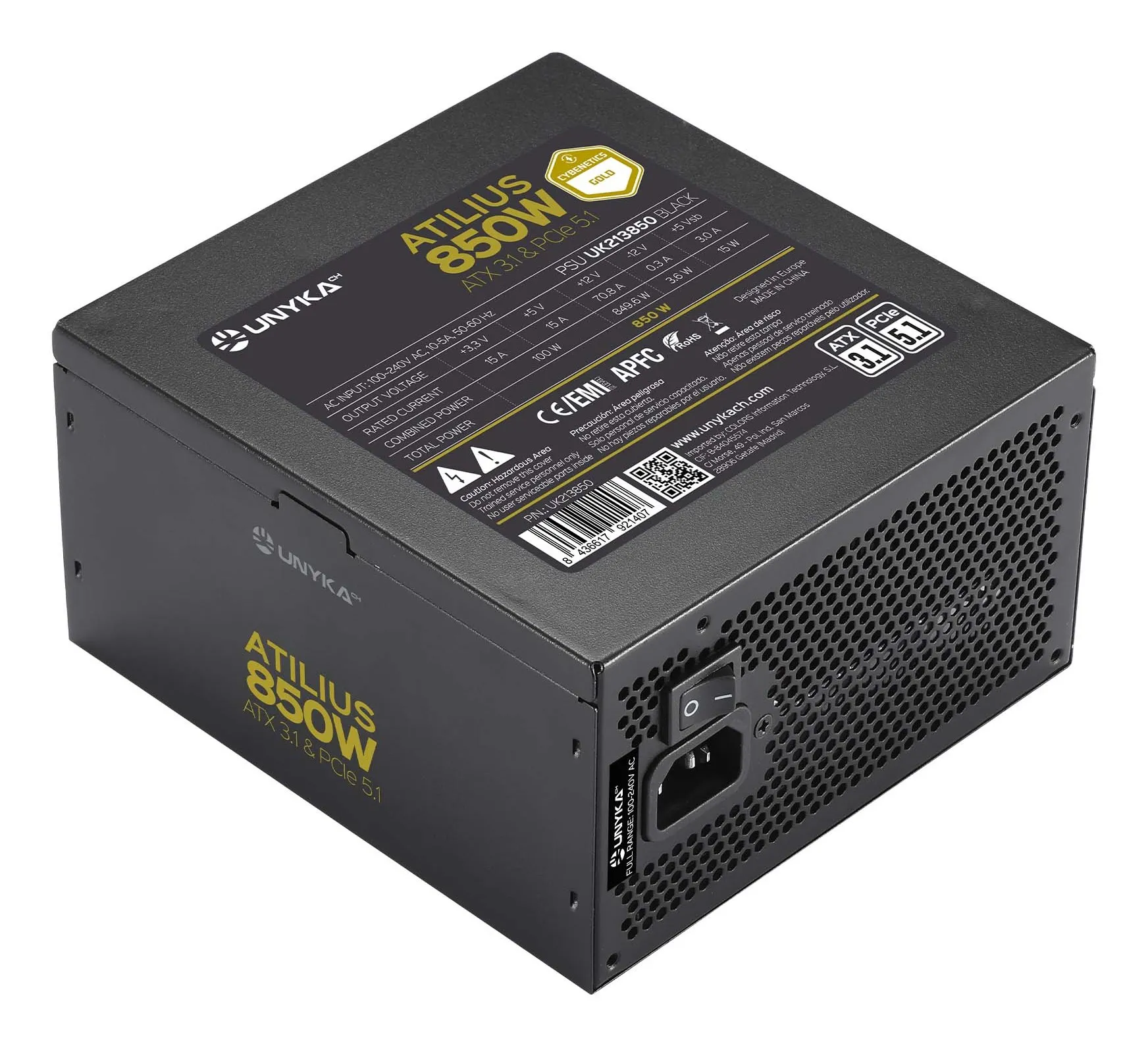 UNYKAch UK213850 alimentatore per computer 850 W 18+10 pin ATX ATX Nero - immagine 1