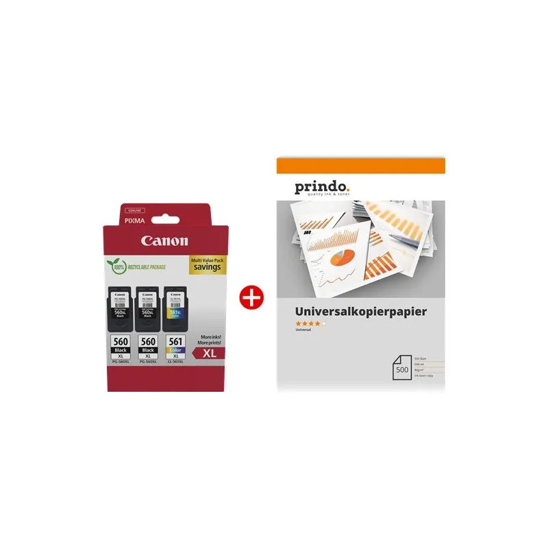 ORIGINALE Canon Value Pack nero / differenti colori / Bianco PG-560XL+CL-561XL MCVP + Prindo Universal Papier 500 Blatt 700 pagine - immagine 1