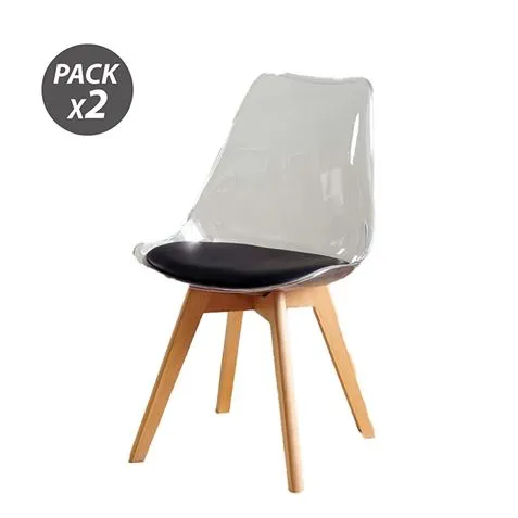 Muvip Confezione da 2 sedie di design D1000 - Gambe in legno massello - Cuscino imbottito sulla base - Bianco/Nero - immagine 1