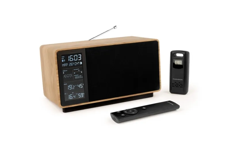 Altoparlante Bluetooth Thomson con stazione meteo e radio FM - Potenza musicale 50 W - Display retroilluminato - Sensore esterno wireless - Colore legno e nero - immagine 1