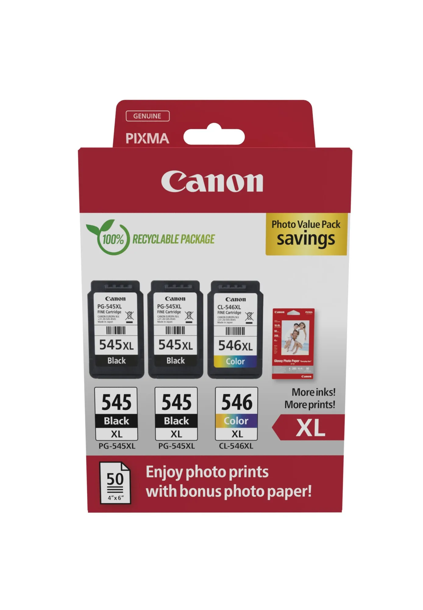 Canon PG-545XL/CL-546XL Confezione multipla da 3 cartucce originali + 50 fogli di carta fotografica - 8286B015 - immagine 1