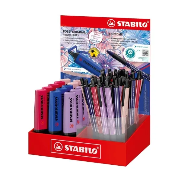 Espositore Stabilo Boss Naturecolors Wildflower con 15 pennarelli Boss + 38 penne a sfera - Inchiostro blu - Colori assortiti - immagine 1