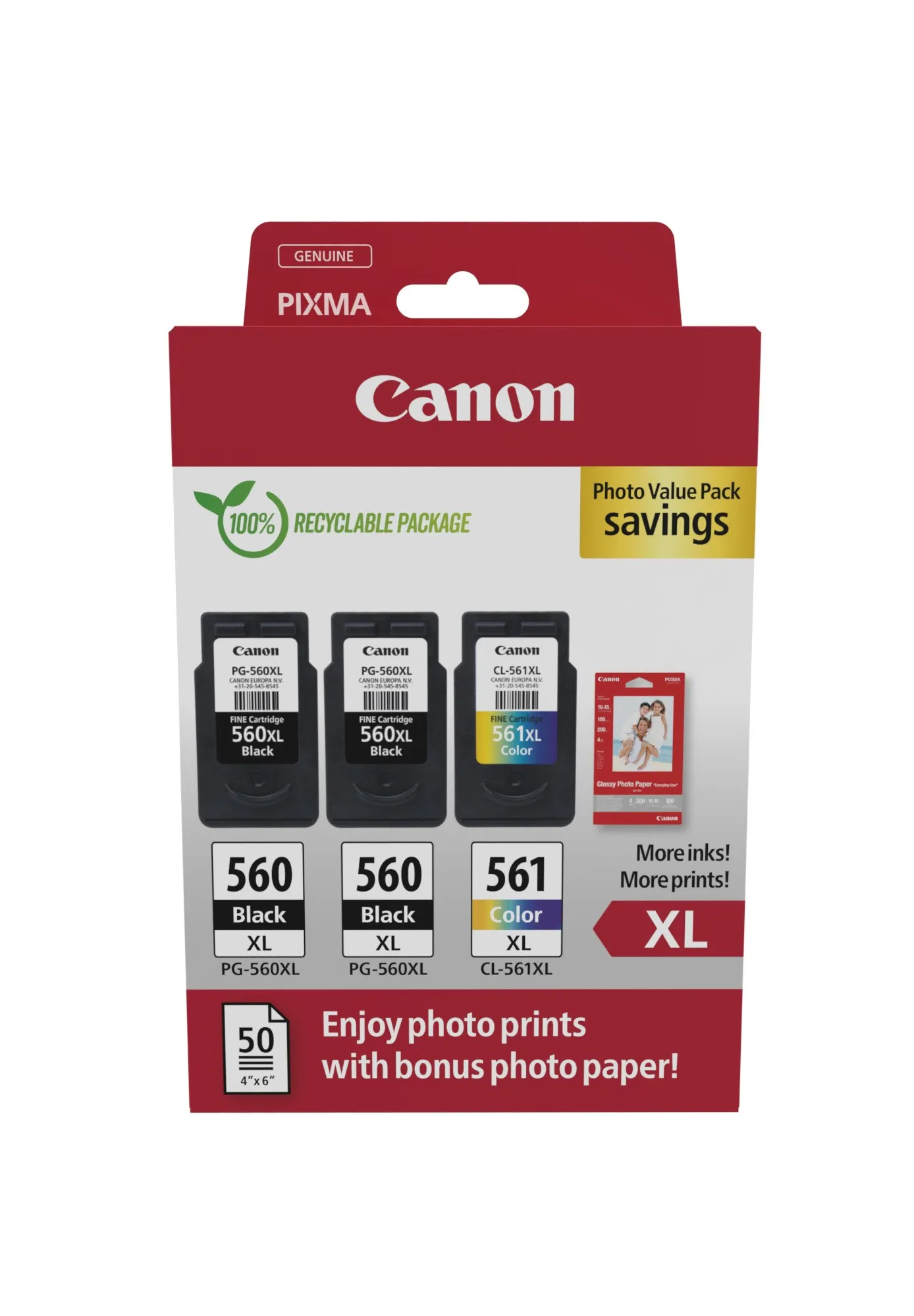 ORIGINALE Canon Value Pack nero / differenti colori / Bianco PG-560XL+CL-561XL + 10x15 cm Fotopapier 50 Blatt 700 pagine - immagine 1