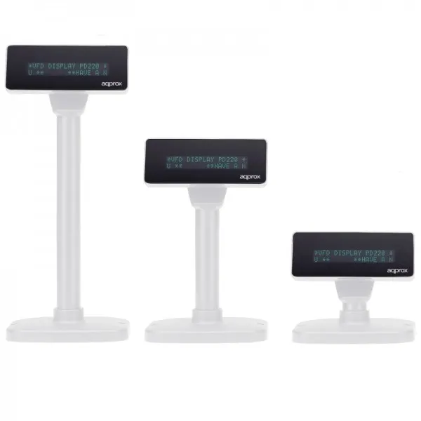 Display cliente VFD di dimensioni approssimative per POS - Alfanumerico fluorescente - 20 caratteri e 2 righe - 3 altezze e rotazione di 355º - Bianco - immagine 1