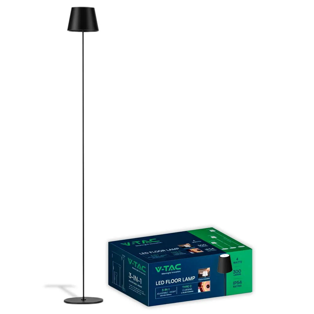 V-TAC Piantana LED 4W Colore Nero in Alluminio con Touch Dimmerabile Altezza regolabile 3in1 3000K IP54 - immagine 1