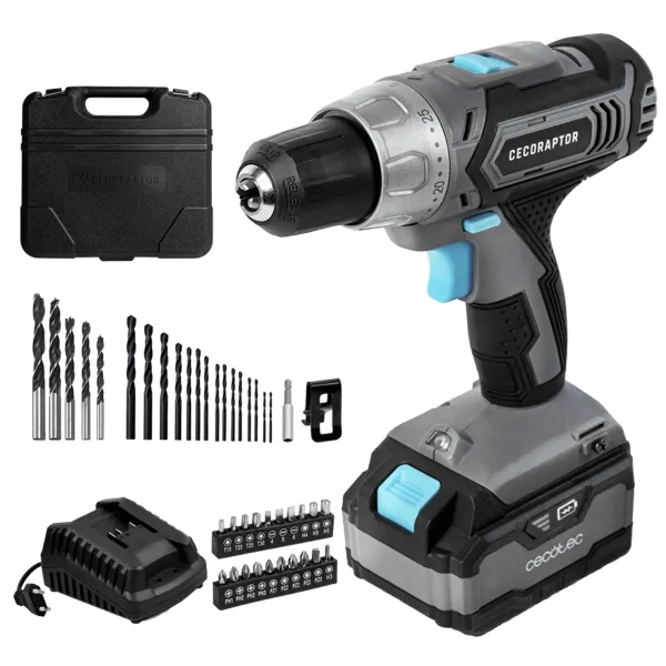 Trapano a percussione a batteria Cecotec CecoRaptor Perfect Drill 4020 Advance - Coppia 46Nm - Velocità 1550 giri/min - Batteria 20V 4Ah - Luce LED - Include accessori e valigetta - Nero e grigio - immagine 1