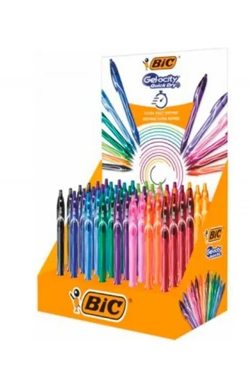 Bic Gel-Ocity Quick Dry Espositore da 48 Penne Retrattili - Impugnatura in Gomma - Punta Media da 07mm - Asciugatura Ultra Rapida - Non Macchia la Carta - Colori Assortiti - immagine 1