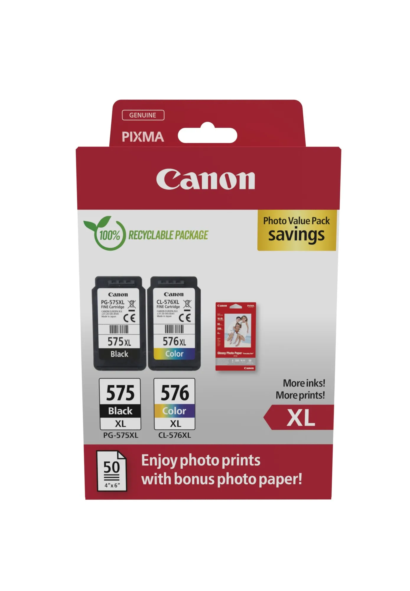 Canon PG-575XL/CL-576XL Confezione multipla da 2 cartucce d'inchiostro originali + 50 fogli di carta fotografica - 5437C006 - immagine 1