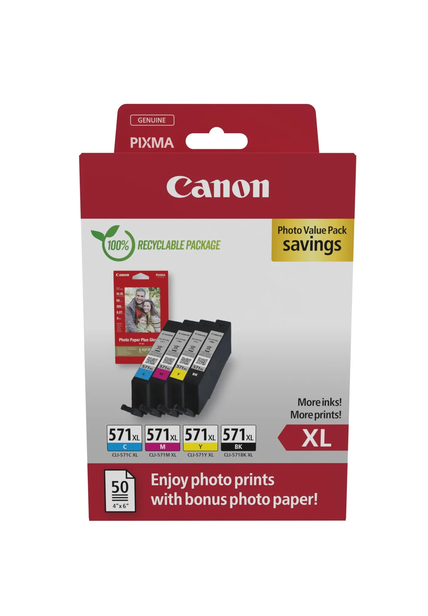 ORIGINALE Canon Value Pack nero / ciano / magenta / giallo CLI-571 XL + 10x15 cm Fotopapier 50 fogli - immagine 1