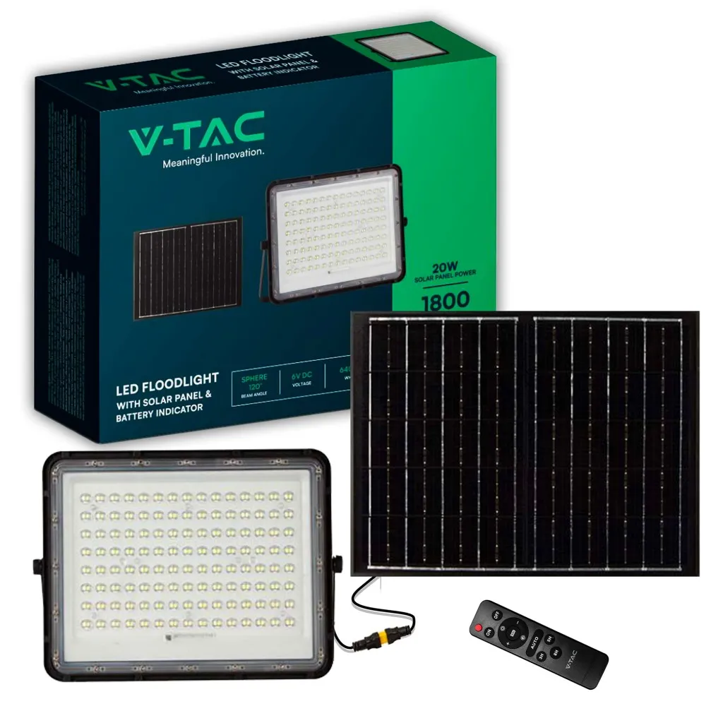 V-TAC Faro LED con Telecomando e Pannello Solare 20W Batteria sostituibile Cavo da 3m Colore Nero 6400K - immagine 1