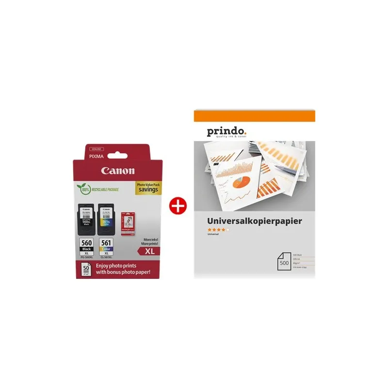 ORIGINALE Canon Value Pack nero / differenti colori / Bianco PG-560XL+CL-561XL MCVP + Prindo Universal Papier 500 Blatt 700 pagine - immagine 1