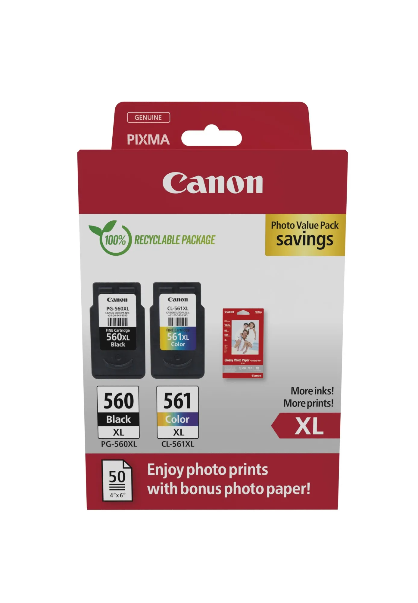Canon Ecopack PG560XL Nero + CL561XL Colore Confezione da 2 cartucce d'inchiostro originali - 50 fogli di carta fotografica - 3712C008 - immagine 1