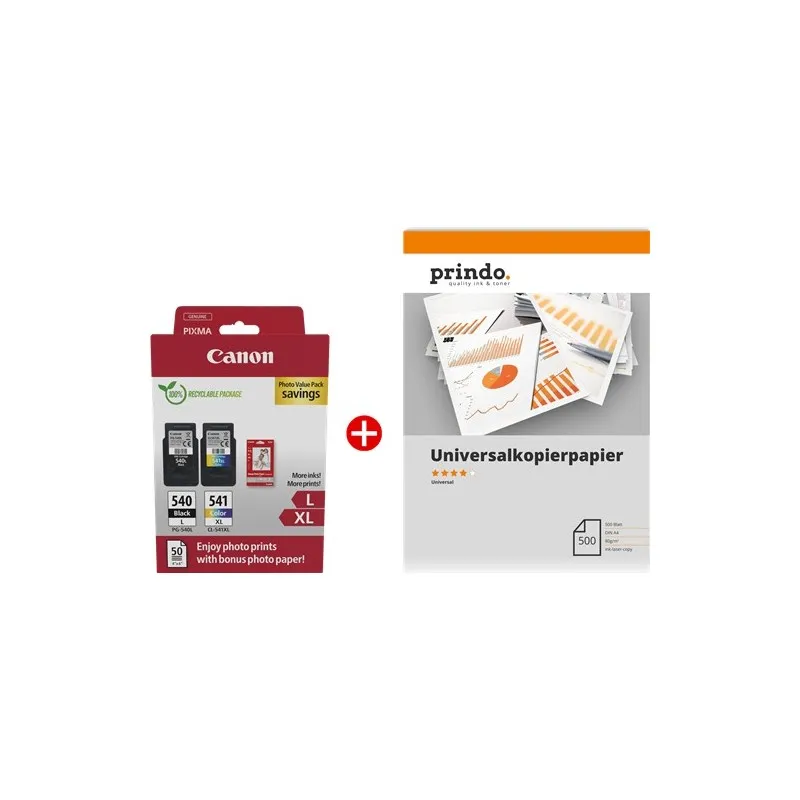 ORIGINALE Canon Value Pack nero / differenti colori / Bianco PG-540L+CL-541XL MCVP + Prindo Universal Papier 500 Blatt 700 pagine - immagine 1