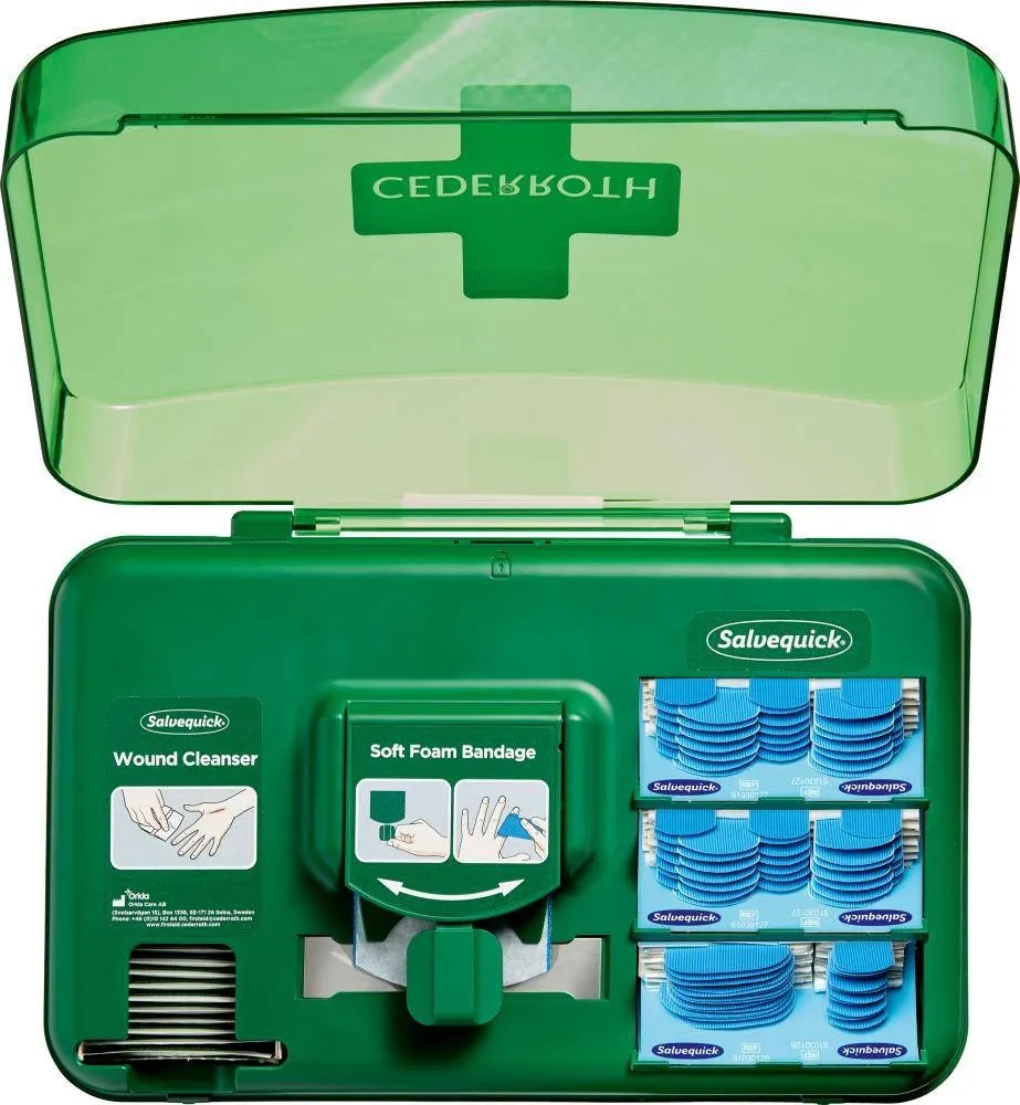 Dispenser per la cura delle ferite Cederroth - Include diverse misure di medicazioni blu salviette per ferite e bende autoadesive - immagine 1