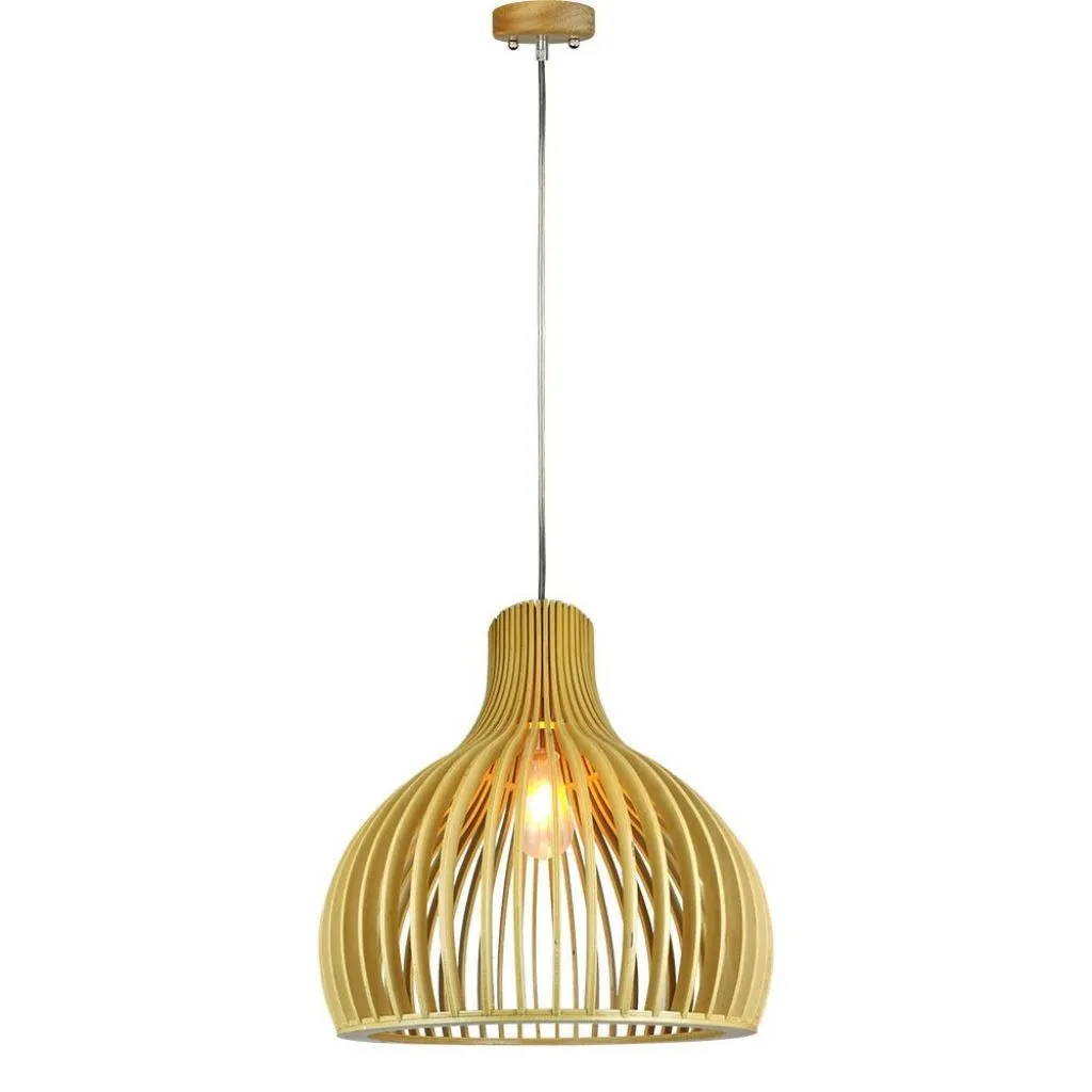 V-TAC Lampadario LED in Legno a Sospensione con Portalampada E27 (Max 60W) Cappuccio Cromato e Paralume a Imbuto d: 350*450mm 1m Cavo - immagine 1
