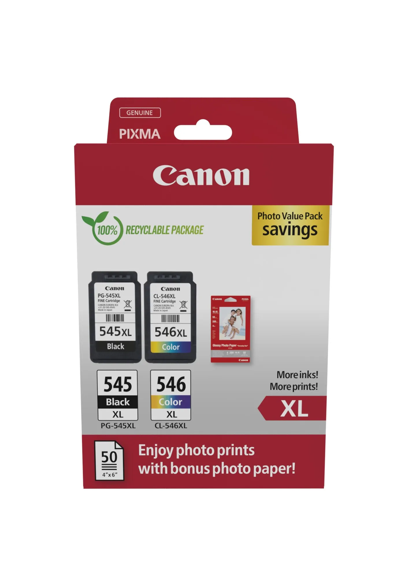 Canon PG-545XL/CL-546XL Confezione da 2 cartucce d'inchiostro originali + 50 fogli di carta fotografica - 8286B011 - immagine 1