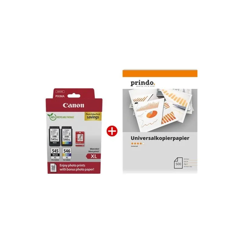 ORIGINALE Canon Value Pack nero / differenti colori / Bianco PG-545XL + CL-546XL MCVP + Prindo Universal Papier 500 Blatt 700 pagine - immagine 1