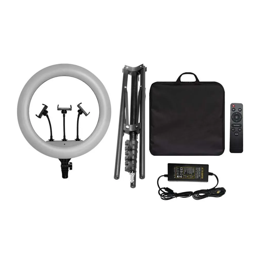 V-TAC Lampada ad Anello 55W 45cm per Selfie e Riprese Video con Treppiede Regolabile 160cm incluso Telecomando e 3 Supporti per Telefono CCT Variabile 3200K-5500K - immagine 1