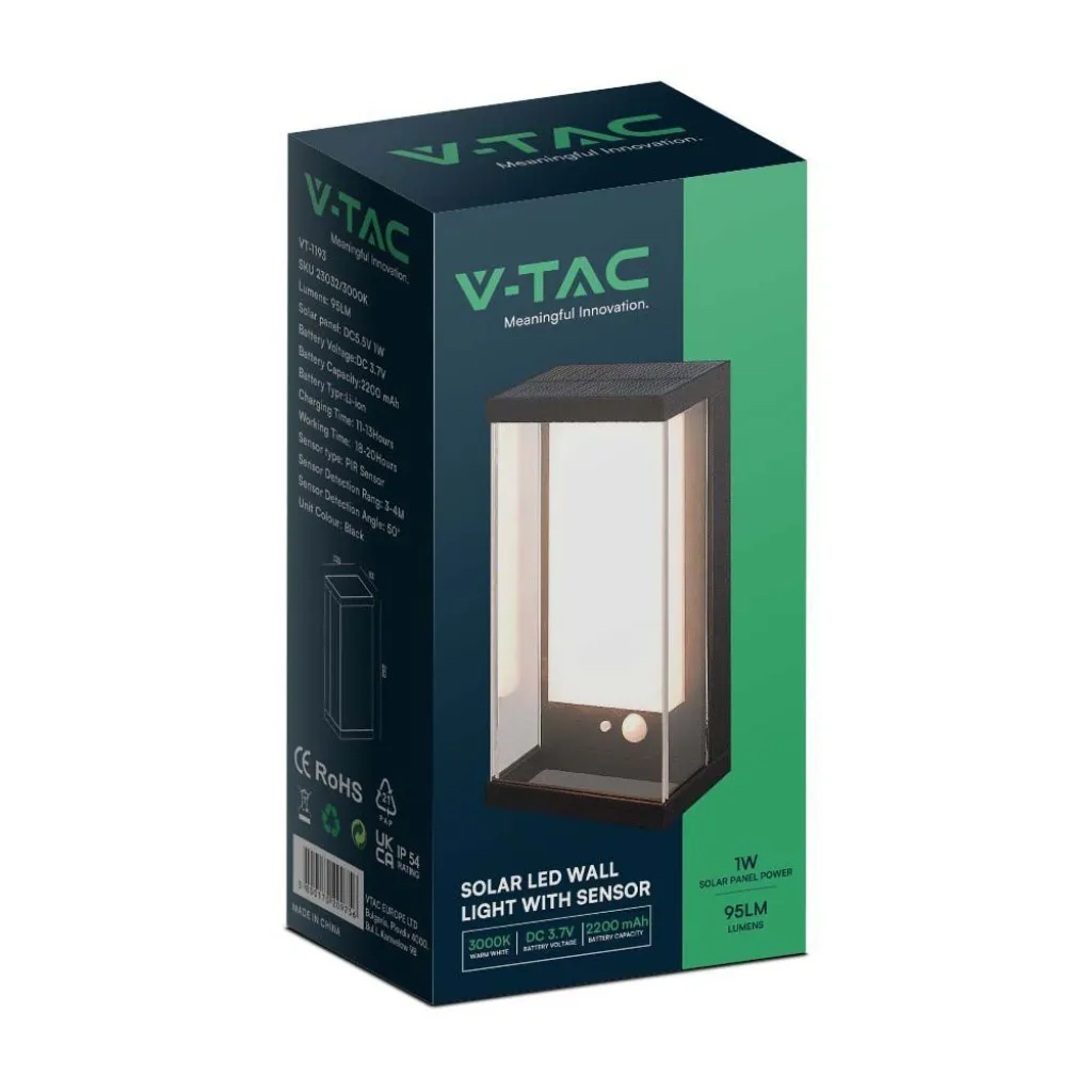 V-TAC Lampada LED da Muro Rettangolare con Pannello Solare e Sensore PIR 1W Colore Grigio scuro 3000K IP54 - immagine 1