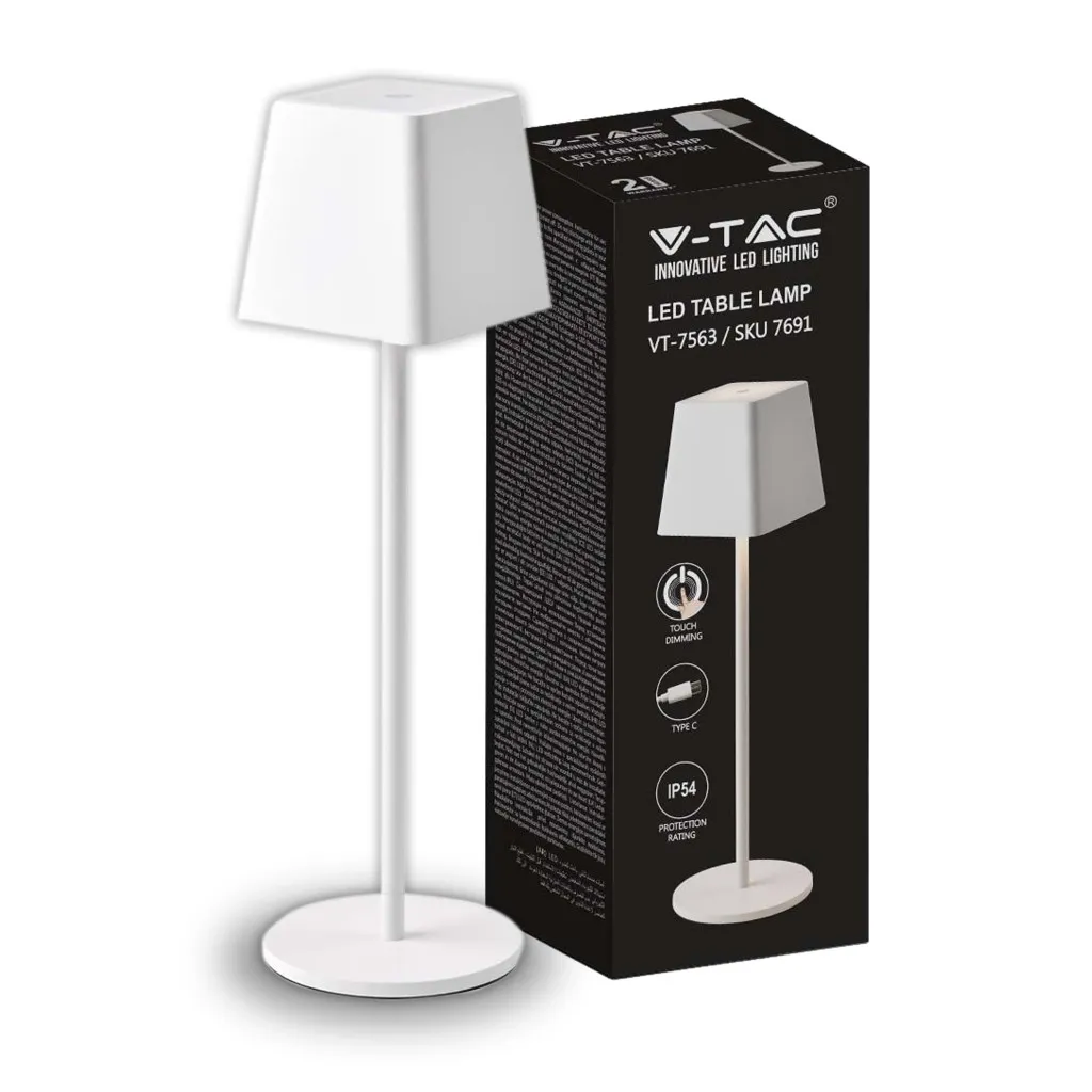 V-TAC Lampada LED da Tavolo 2W Colore Bianco in Alluminio ricaricabile con USB C Touch Dimmerabile 3000K IP54 - immagine 1
