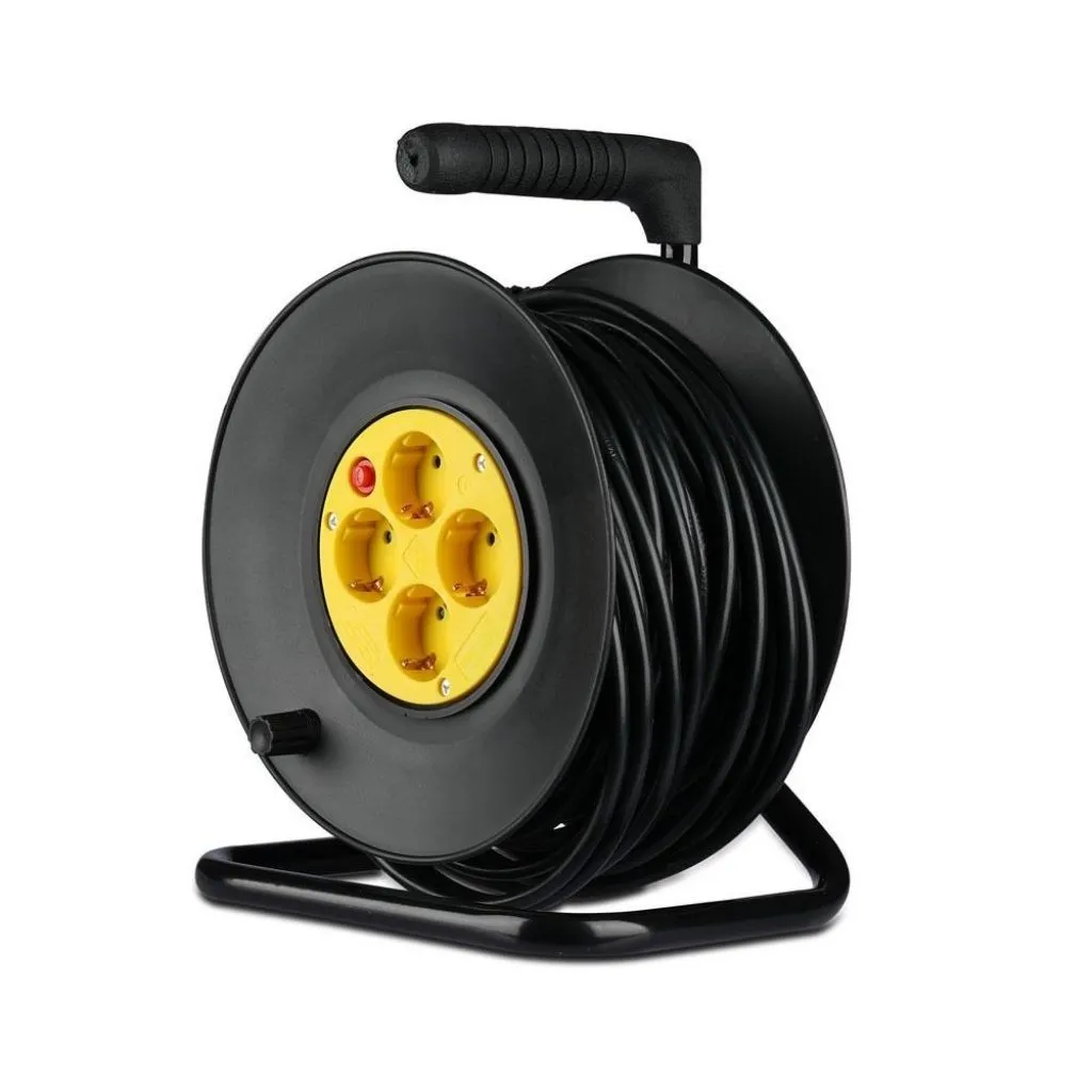 V-TAC Prolunga Avvolgicavo con 4 prese 10A 2P + Schuko con Protezione Termica Colore Nero e Spina Schuko l: 25mt - immagine 1