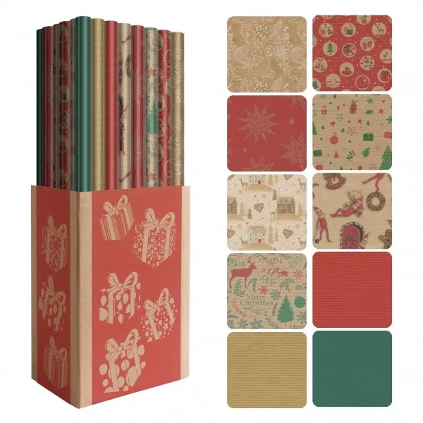 Dohe Christmas Kraft Gift Wrap Display da 50 rotoli - 10 design diversi - 5 rotoli per design - Misure del rotolo 070x2 m - immagine 1
