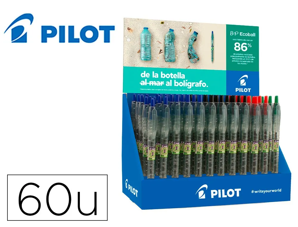Pilot espositore 60 penne a sfera retrattili B2P Ecoball BeGreen + 10 gel B2P BeGreen - 8664% plastica riciclata - ricaricabile - colori assortiti - immagine 1