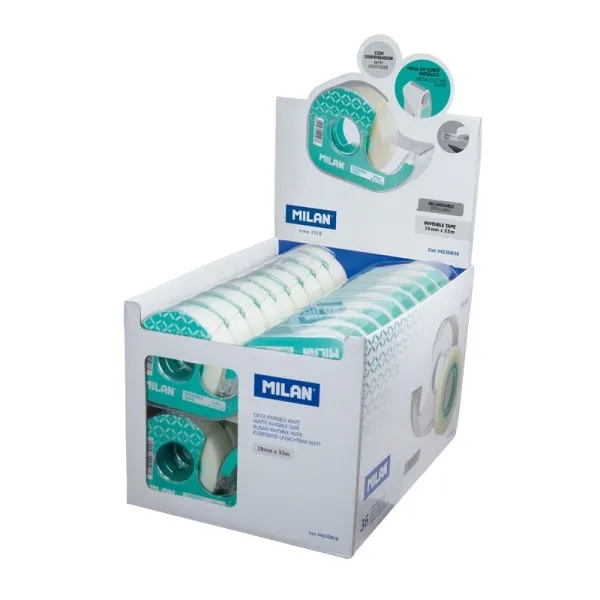 Espositore Milano da 36 nastri adesivi invisibili con dispenser - Misure 19 mm x 33 m - Colore trasparente opaco - immagine 1