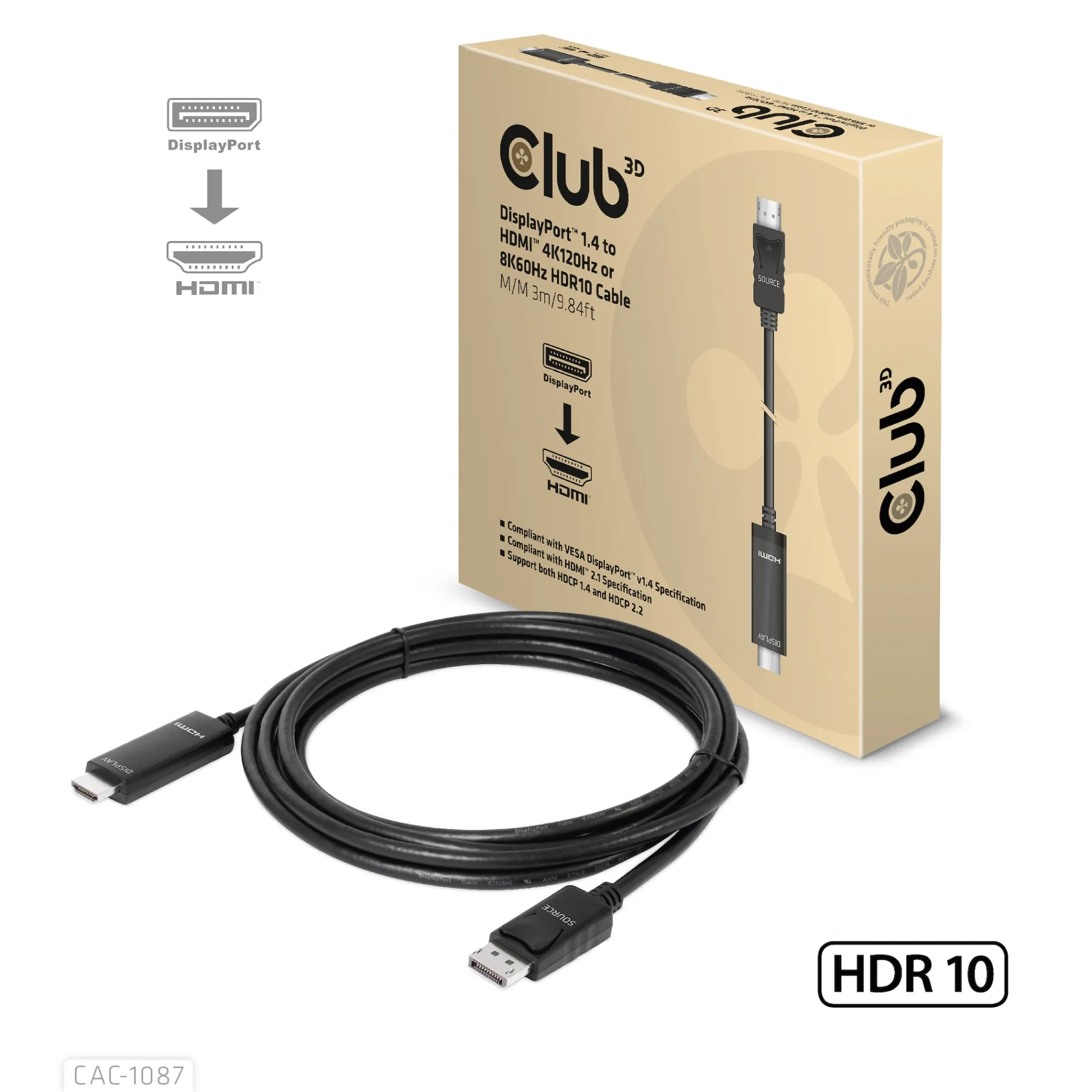 Club3D Cavo Displayport 1.4 To Hdmi 4K144Hz Or 8K60Hz Hdr10 3M M/M - immagine 1