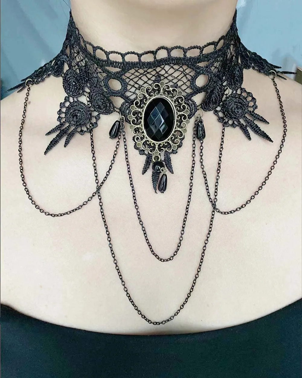 Carufin Collane con girocollo in pizzo nero sexy Collane con nappa gotica Girocollo Accessori per feste di Halloween per donne e ragazze (Collana 2) - immagine 2