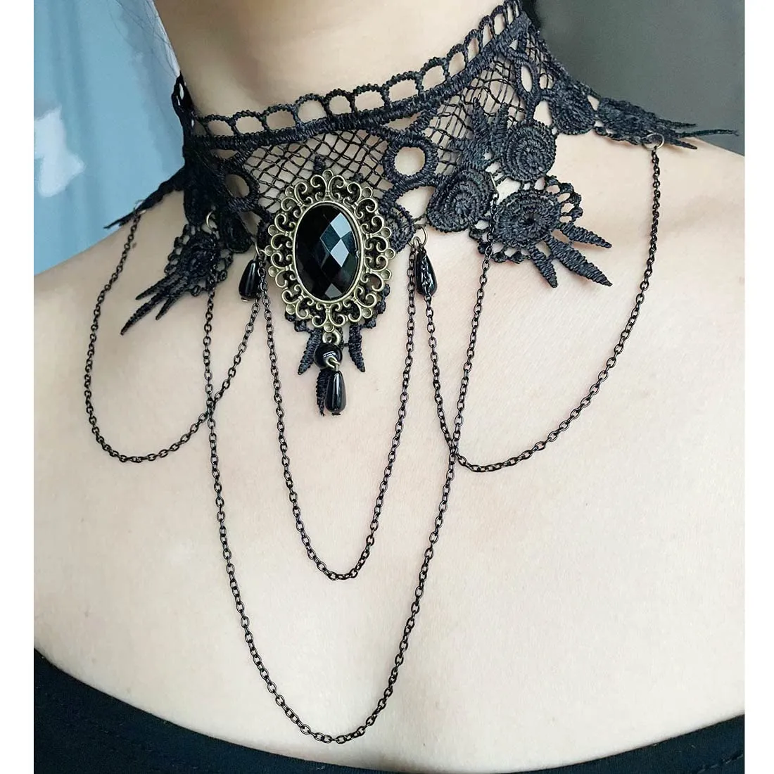 Carufin Collane con girocollo in pizzo nero sexy Collane con nappa gotica Girocollo Accessori per feste di Halloween per donne e ragazze (Collana 2) - immagine 6