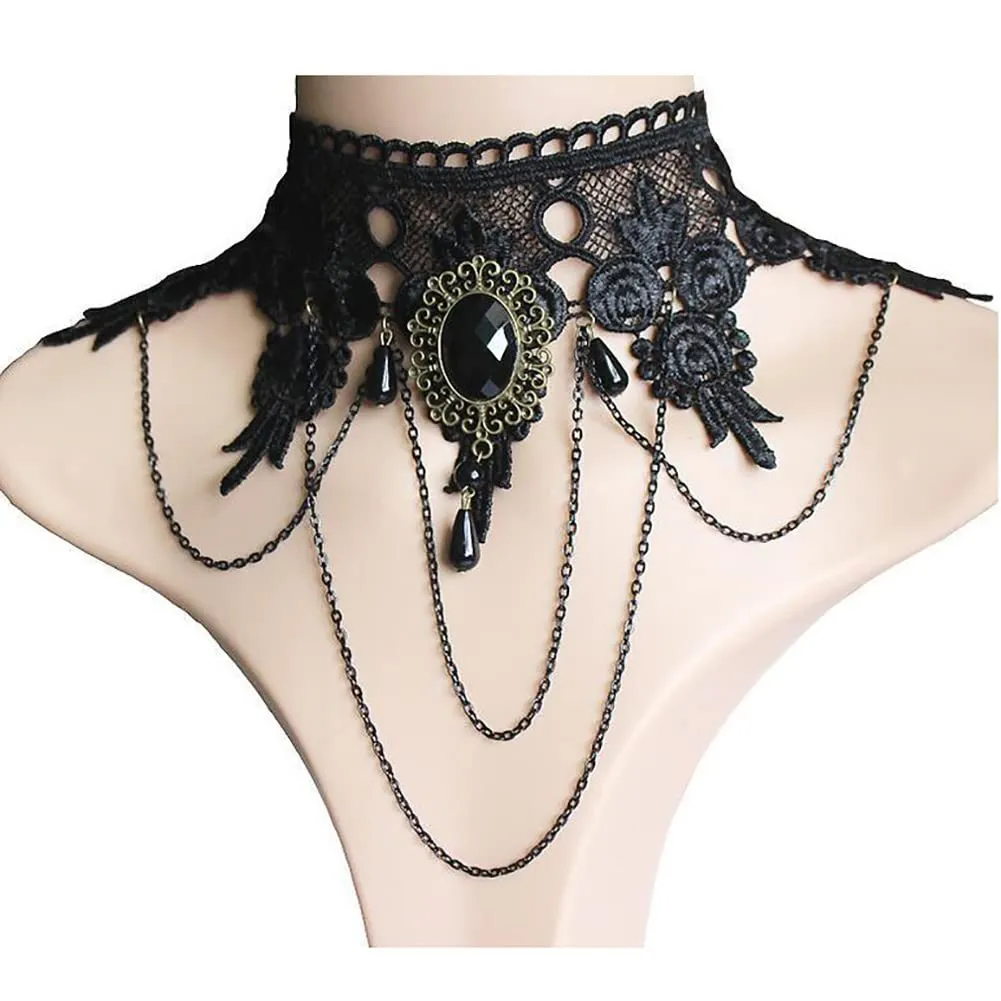 Carufin Collane con girocollo in pizzo nero sexy Collane con nappa gotica Girocollo Accessori per feste di Halloween per donne e ragazze (Collana 2) - immagine 8