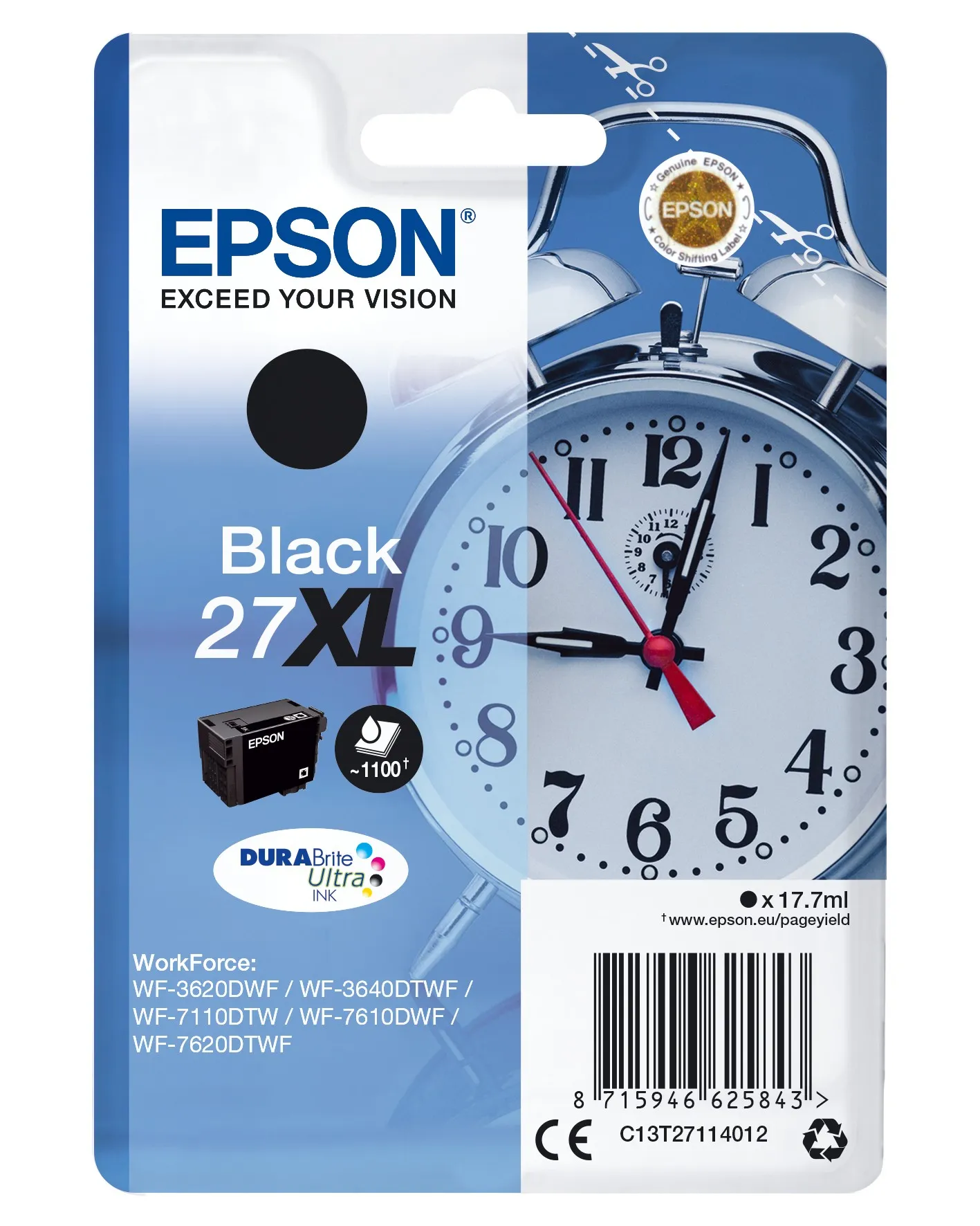 ORIGINALE Epson Cartuccia d'inchiostro nero C13T27114012 27 XL 1100 pagine 177ml XL - immagine 1
