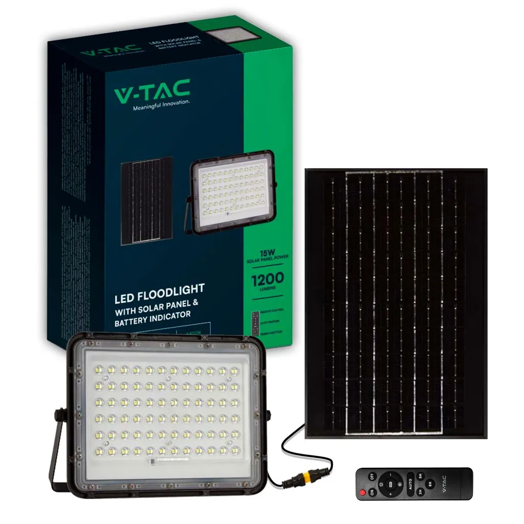 V-TAC Faro LED con Telecomando e Pannello Solare 15W Batteria sostituibile Cavo da 3m Colore Nero 4000K - immagine 1