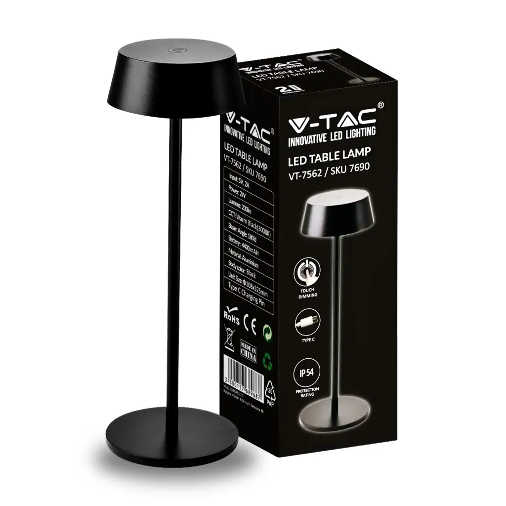 V-TAC Lampada LED da Tavolo 2W Colore Nero in Alluminio ricaricabile con USB C Touch Dimmerabile 3000K - immagine 1