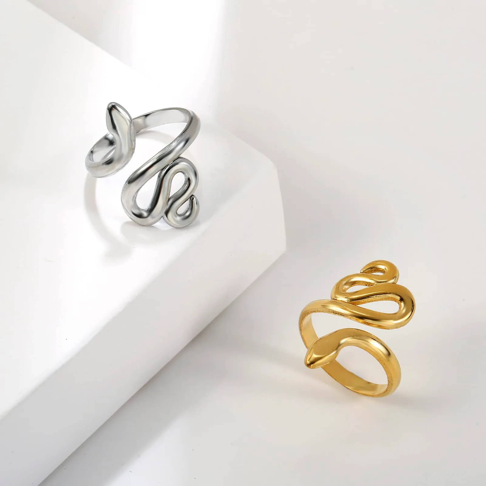 TEAMER Serpente Anello In Acciaio Inox Regolabile Wrap Snake Dito Impilare Gioielli per Donne - immagine 7
