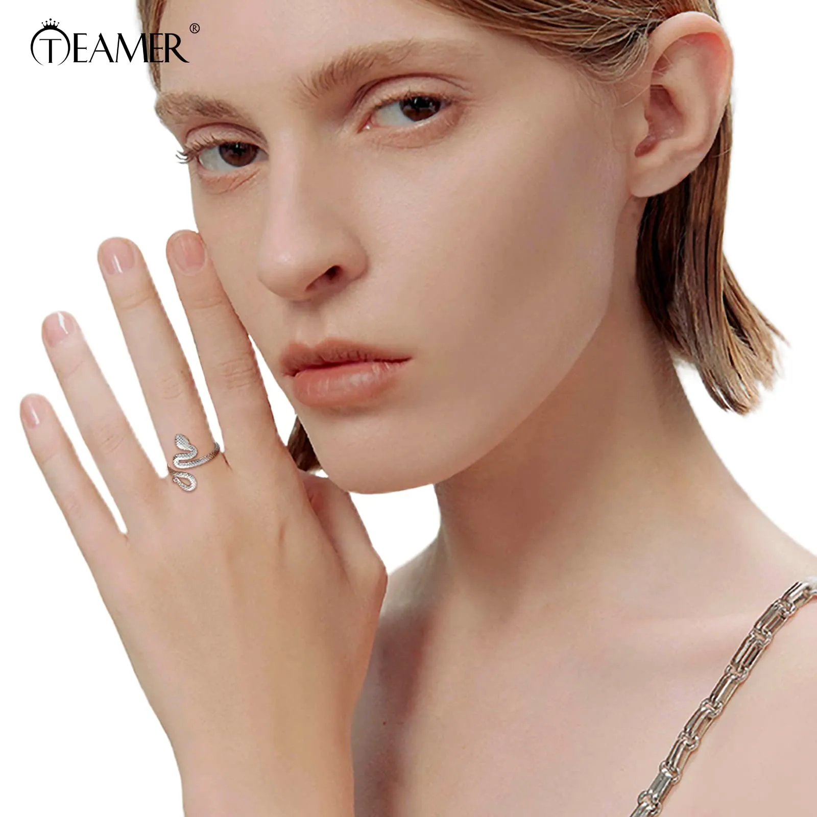 TEAMER serpente anello in acciaio inox regolabile dito Wrap Snake impilare Punk serpente animale gioielli per le donne (Stile 2 - Argento, Regolabile) - immagine 2