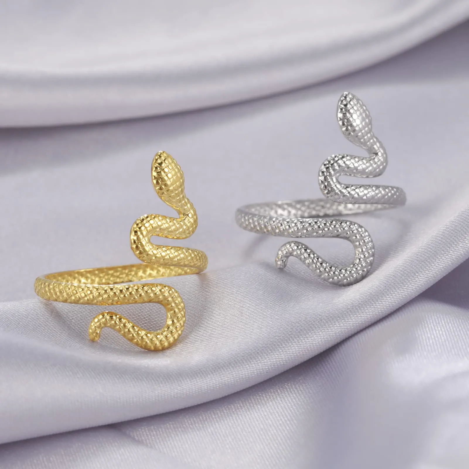 TEAMER serpente anello in acciaio inox regolabile dito Wrap Snake impilare Punk serpente animale gioielli per le donne (Stile 2 - Argento, Regolabile) - immagine 5