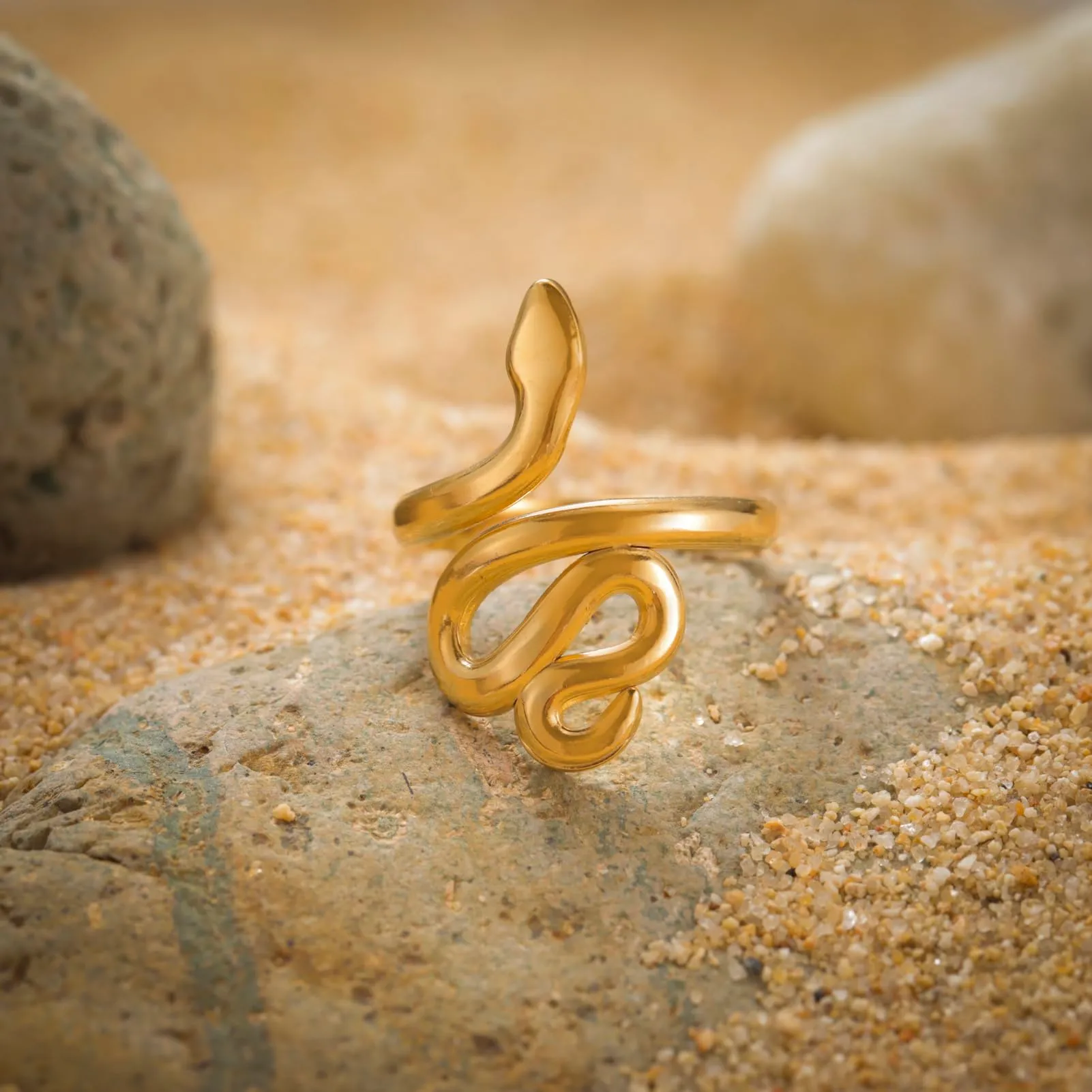 TEAMER serpente anello in acciaio inox regolabile dito Wrap Snake impilare Punk serpente animale gioielli per le donne (Stile 1 - Oro, Regolabile) - immagine 4