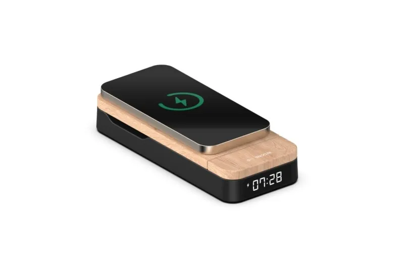 Sveglia pieghevole 3 in 1 Thomson - Caricabatterie a induzione compatibile con Android e Apple - Caricabatterie USB-C - Luminosità regolabile - Colore legno e nero - immagine 1