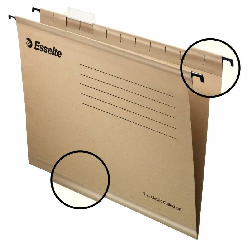 Esselte Cartelle sospese rinforzate Classic Folio - Scatola da 50 - 10 volte più resistenti - Visori in plastica trasparente - Etichette bianche - Cartone Kraft riciclato al 100% - Naturale - immagine 1
