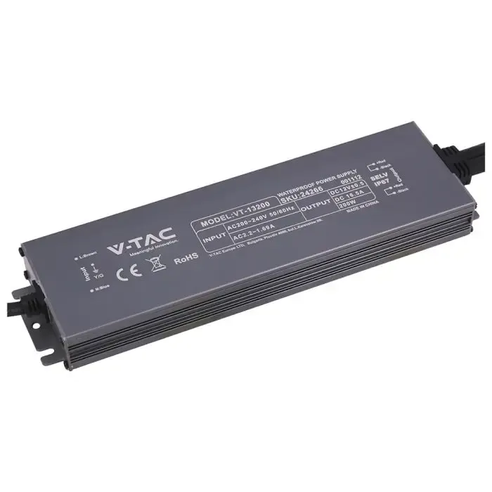 V-TAC Alimentatore LED in Metallo 200W 12V 16.5A con 1 Uscita 244x65x25mm IP67 - immagine 1