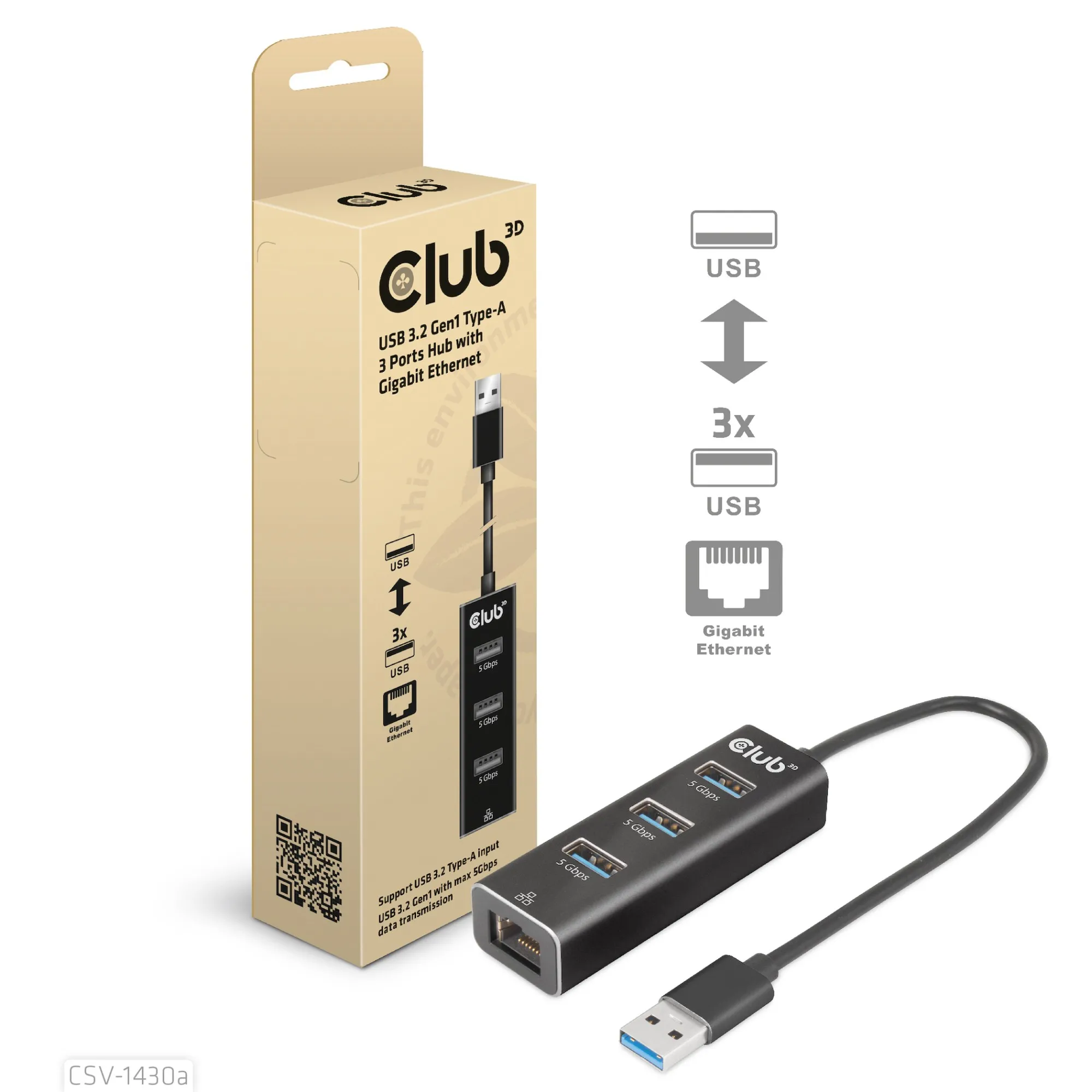 Club3D Hub Usb 3.2 Gen1 Type A 3-Ports Gigabit Ethernet - immagine 1