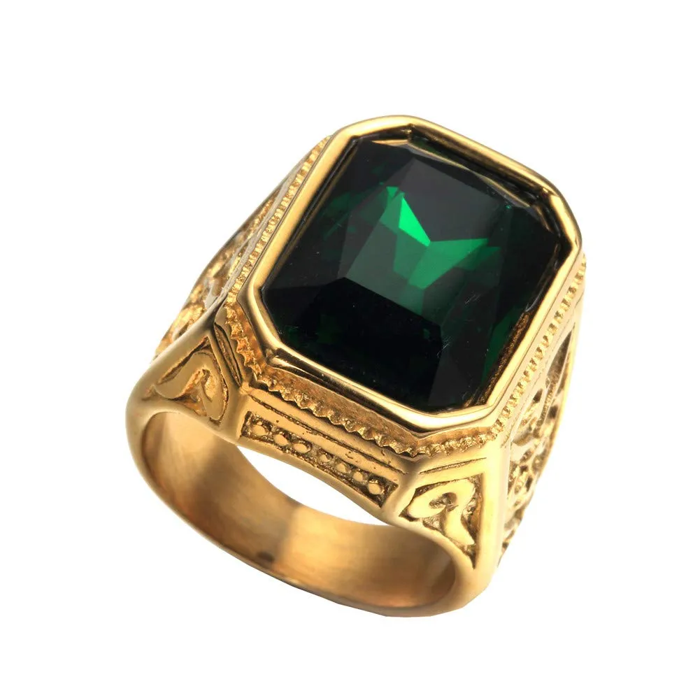 PAURO Anello da Sposa Annata Quadrato in Acciaio Inossidabile Dorato con Grande Pietra Verde Taglia 27 - immagine 1