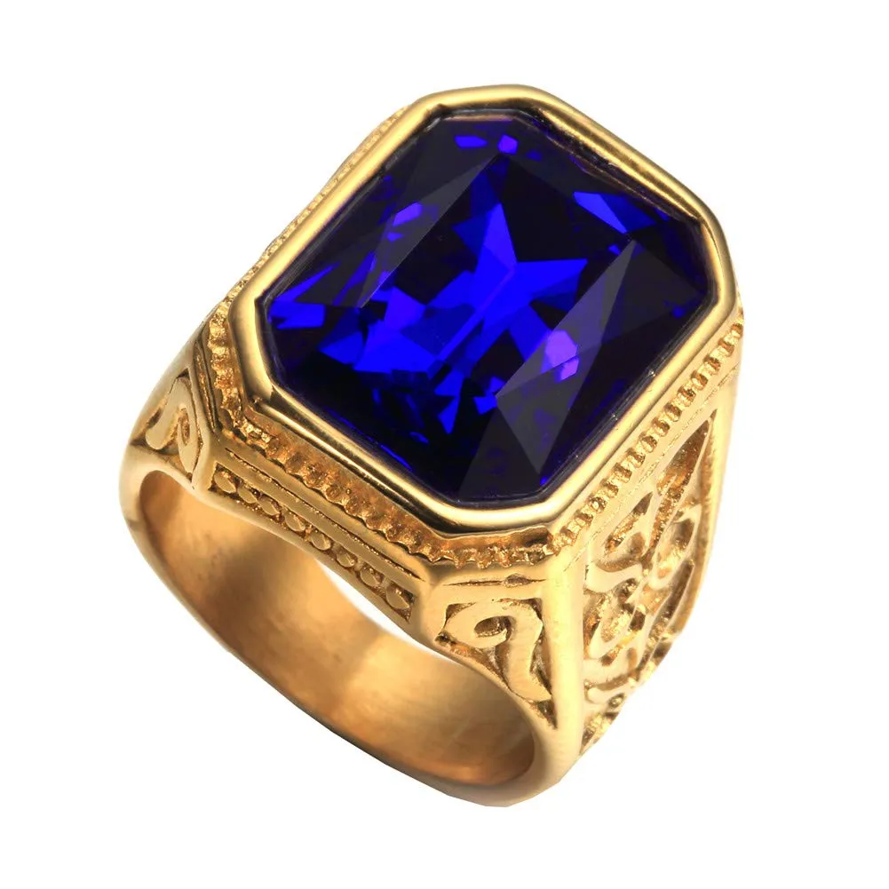 PAURO Anello da Sposa Annata Quadrato in Acciaio Inossidabile Dorato con Grande Pietra Blu Taglia 22 - immagine 1
