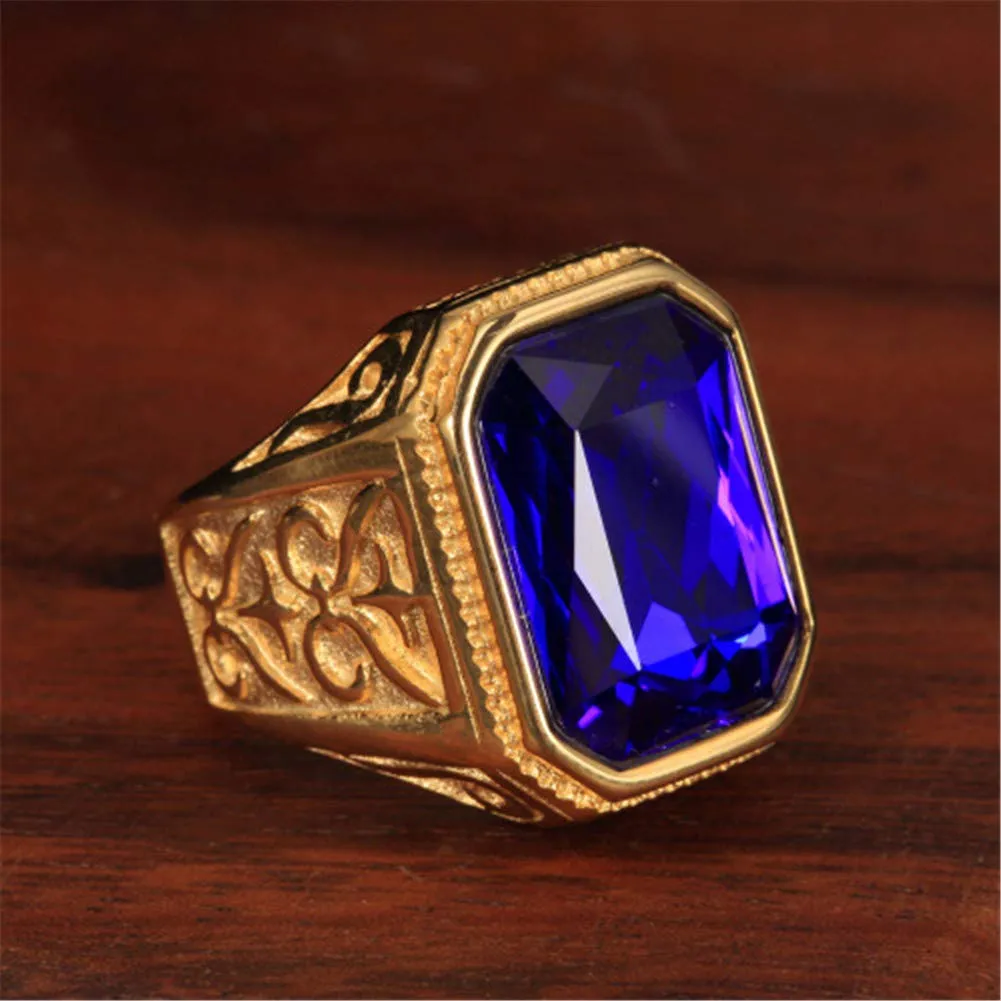 PAURO Anello da Sposa Annata Quadrato in Acciaio Inossidabile Dorato con Grande Pietra Blu Taglia 22 - immagine 2